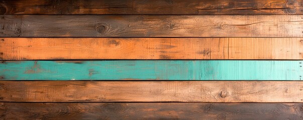 A vibrant arrangement of wooden planks in shades of brown, orange, and teal, showcasing rustic charm and texture.