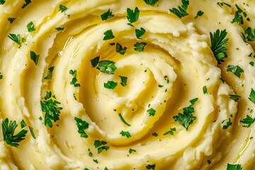 Classic Mashed Potatoes with Parsley Swirls, Great for Highlighting Herbaceous Gourmet Meals.