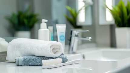 Naklejka premium A clean bathroom counter with a toothbrush, a tube of toothpaste, and a neatly folded towel.