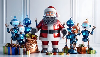 robotic Santa Claus with presents and robots