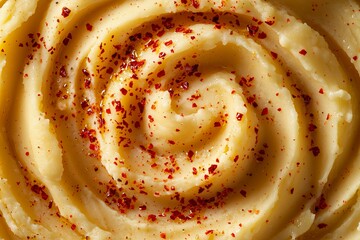 Swirling Mashed Potatoes with Red Chili Flakes, Ideal for Representing Bold Culinary Sides.