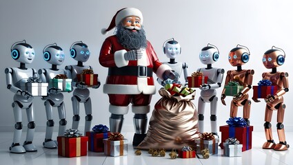 Santa surrounded by robotic kids with gifts-holiday vibe wallpaper