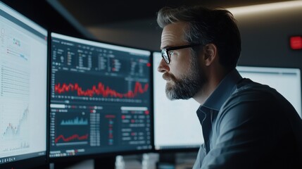 Focused Analyst Working at Computer with Financial Charts Visible