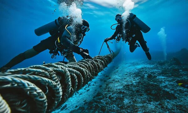 Two divers exploring underwater, examining a thick rope in a vibrant blue ocean.