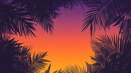Tropical Sunset Silhouette Palm Fronds Framing Vibrant Sky