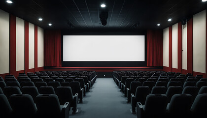 Empty cinema auditorium with red chairs