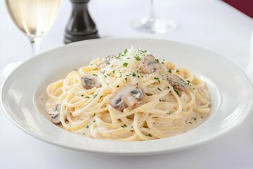 Delicious Creamy Mushroom Pasta Dish with Parmesan Garnish