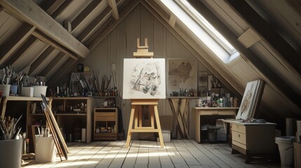 Obraz premium a functional attic converted into a workshop, tools neatly arranged, a half-finished painting on an easel
