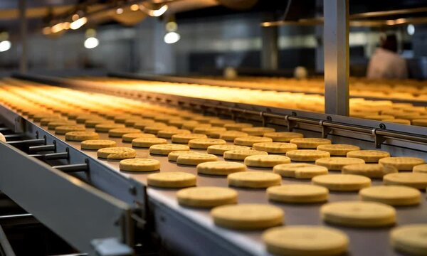 Freshly baked cookies travel along a conveyor belt in a bustling bakery during the early morning hours