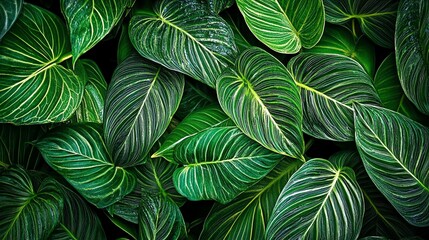 A close-up of lush green leaves with white veins.