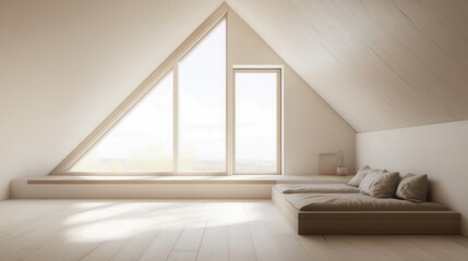 a minimalist attic with clean wooden floors, white walls, and an open window showing a view of the sky