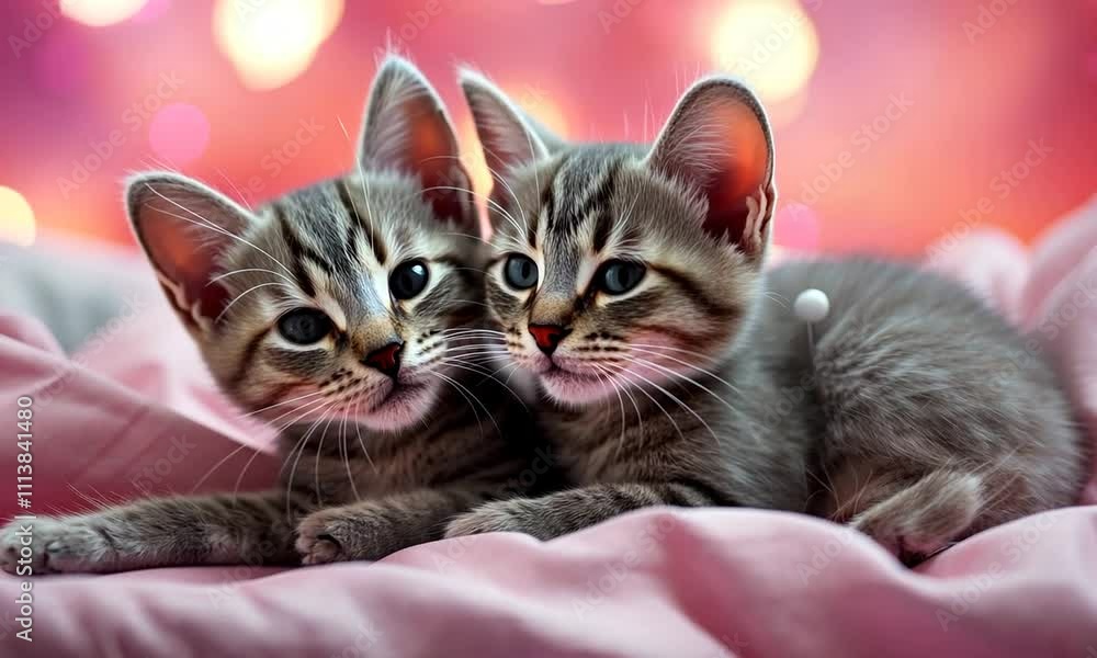 Poster two playful kittens cuddle warmly on a soft blanket while colorful lights twinkle in the background 