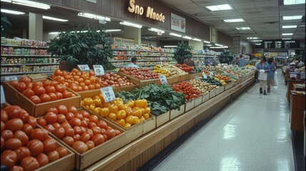 Colorful display of fresh produce in a grocery store during midday