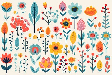 Abstract Hand drawn abstract wildflowers, set flowers and leaves, flat icons. Vector illustration

