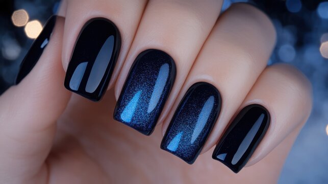 glossy winter nails in deep midnight blue with a gradient shimmer effect