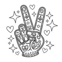 A black and white coloring book line art of a hand with peace fingers, surrounded by stars and hearts. 
