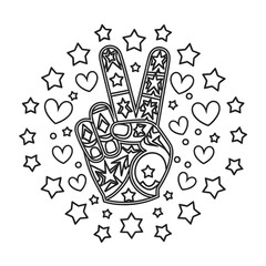 Fototapeta premium A black and white coloring book line art of a hand with peace fingers, surrounded by stars and hearts. 