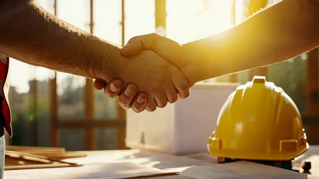 Business handshake at architectural office or construction with safety helmet and blueprints in background.	
