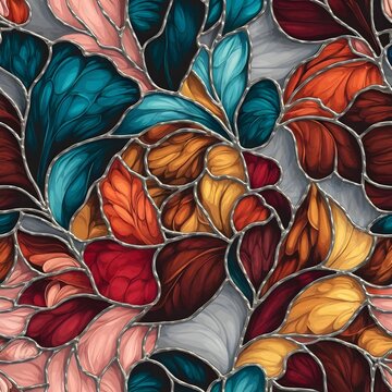 A vibrant, intricate floral pattern with stained glass and feather shapes. 