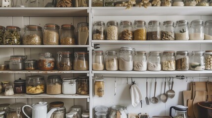 Naklejka premium A clean white pantry with neatly arranged jars and containers, creating a sense of order.