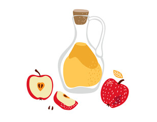 Apple dietary Drink. Full glass bottle, apple fruits. Yellow Juice in bottle and red apples. Healthy organic food. Colorful Vector illustration in flat style on white background for menu, recipe