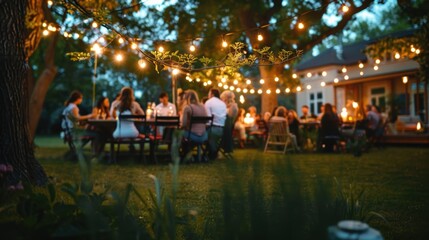 Fototapeta premium Evening Outdoor Gathering with String Lights and Guests Dining