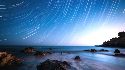 Naklejka premium Tranquil Seascape with Star Trails over Serene Night Sky
