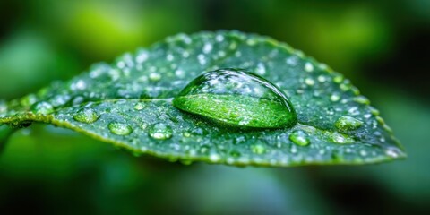 Macro shot of water droplet on fresh green leaf with blurred background