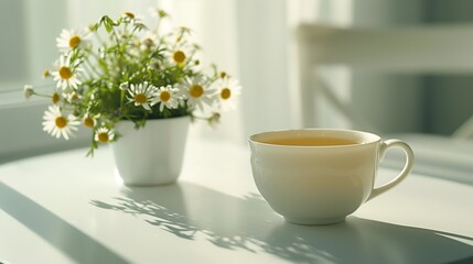Fototapeta premium A clean white table with a cup of chamomile tea and a small potted plant.