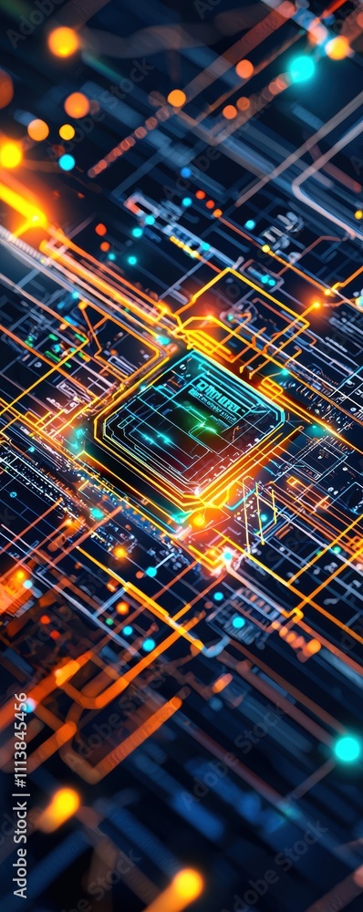 Poster futuristic microchip circuit board with glowing lines.