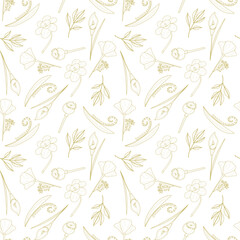 A seamless vector pattern with yellow graphic flowers on a white background, offering a fresh, minimalist design. Perfect for textiles, stationery, and spring-themed projects.