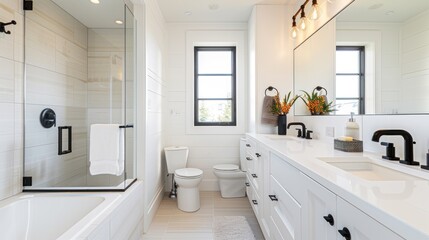 Modern Bathroom with White Cabinets and Black Accents