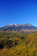 秋の開田高原　九蔵峠から眺めた御嶽山と紅葉