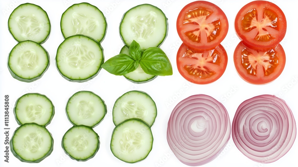 Poster freshly sliced vegetables arranged in a colorful display on a white background for salad preparation