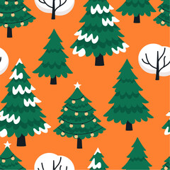 Christmas seamless pattern with winter trees. Design for fabric or wrapping paper.