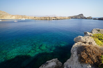 panoramic view of Lindos bay , turquoise water