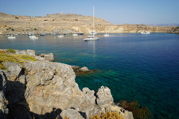 panoramic view of Lindos bay , turquoise water