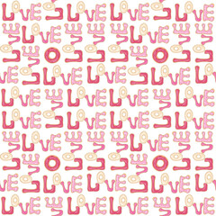 Seamless pattern with "LOVE" in donut-inspired pink and cream letters. Playful and sweet, ideal for Valentine's Day or dessert-themed designs.