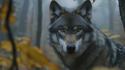 Fototapeta premium Close-up of a wolf in a forest, staring intently at the camera.