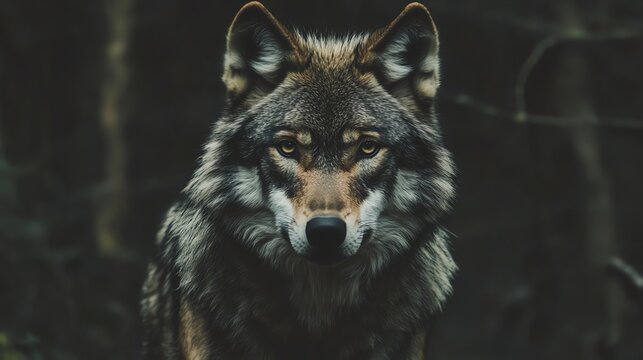 A wolf looks directly at the camera.