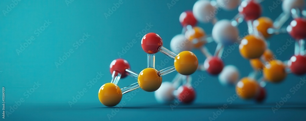 Poster a vivid representation of molecular structures featuring colorful atoms, illustrating the complexity