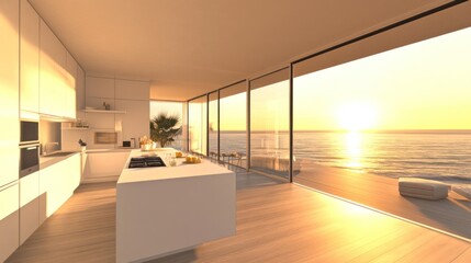 Modern Ocean View Kitchen Sunset Illumination