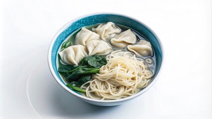 Bowl of Soup with Dumplings, Noodles, and Spinach