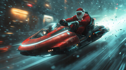 Lustige Weihnachtskarte Motiv mit Weihnachtsmann der mit Schneemobil Geschenke ausliefert Generative AI