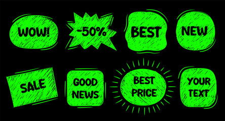 Neon green color hand drawn ink pen brush stroke text blocks. Set of hand drawing bright vector banners.