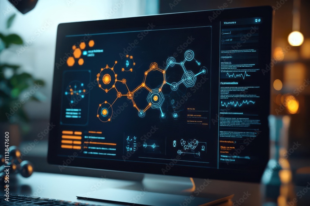 Poster a high-tech screen displays complex chemical structures and data visualizations, highlighting scient