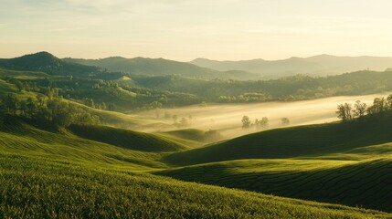 Obraz premium Misty sunrise over green rolling hills and serene valley landscape