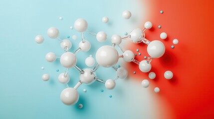 Abstract molecular structure with white spheres against a blue and red background, symbolizing chemistry and scientific exploration.