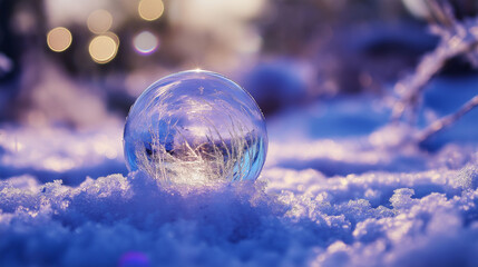 frozen soap bubble resting on glistening snow with soft purple and golden light bokeh