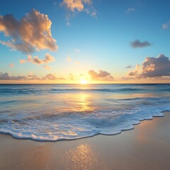 Fototapeta premium Peaceful beach sunset with golden ocean horizon photos